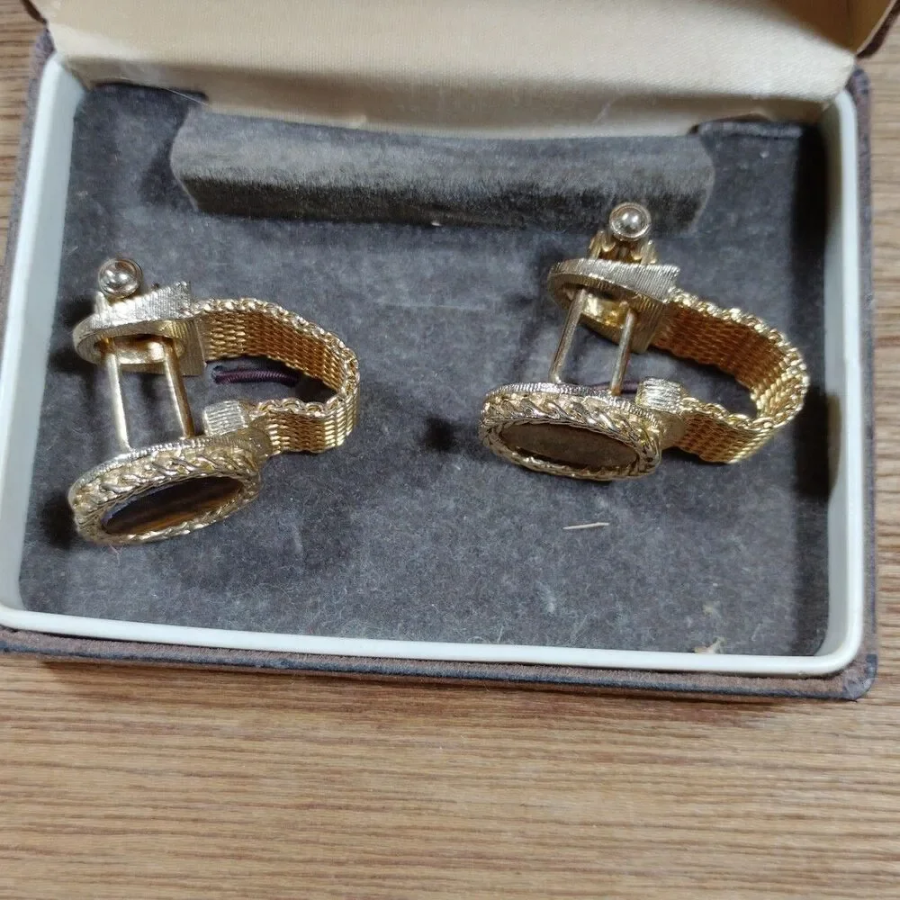 Vintage Swank Mesh Wrap Cuff Links Gold Tone Amber Box
